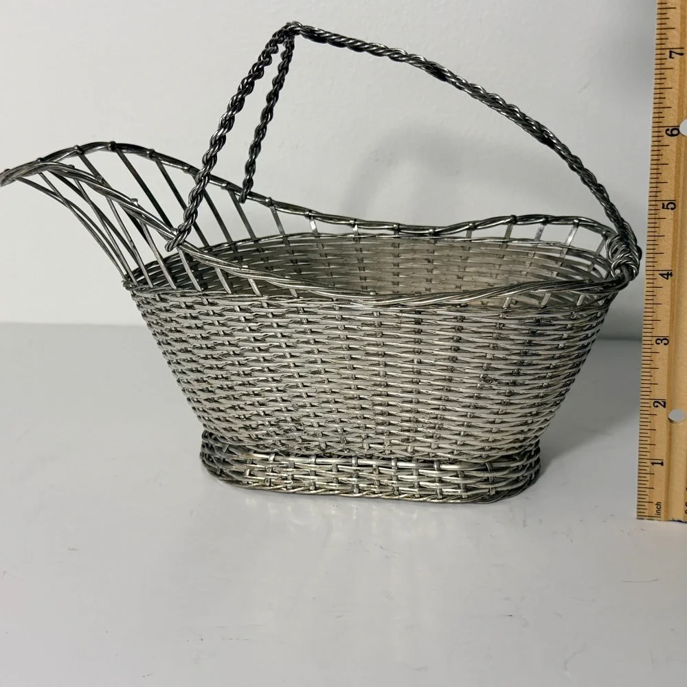 Vintage Japan Silver Plate Woven Wire Wine Bottle Basket Holder Braided Handle